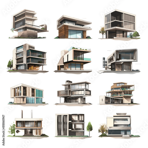 Contemporary illustration of modern houses featuring sleek designs, large windows, and minimalist architecture, ideal for real estate and urban development concepts.