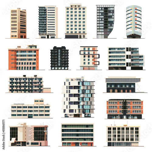 Modern collection of building illustrations featuring diverse architectural styles, urban designs, and unique facades, perfect for construction and real estate themes.