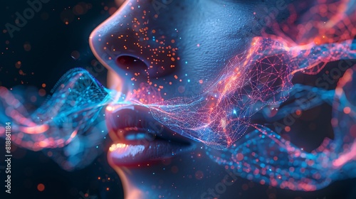 Close-up of Womans Nose with Futuristic Digital Elements and Glowing Particles