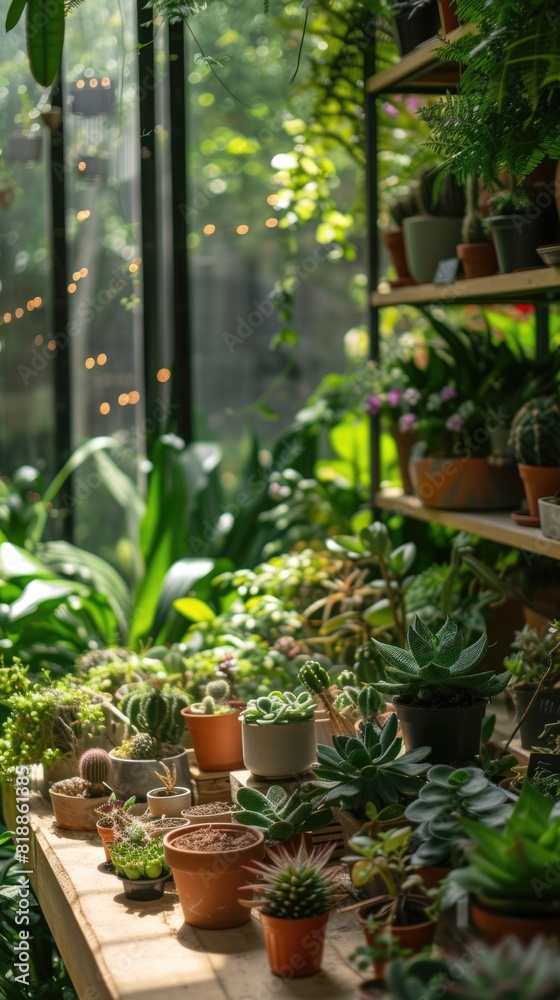Many potted plants on a table in a greenhouse Many potted plants on a table in a greenhouse