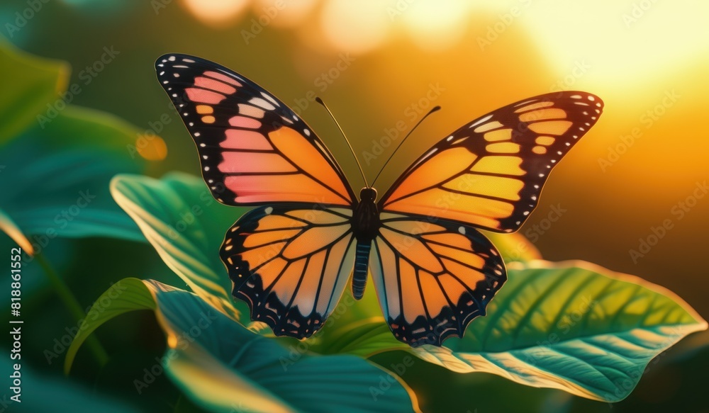 Fototapeta premium Vibrant Butterfly Orange, Black, and White Wings on Leaf with Bokeh Background