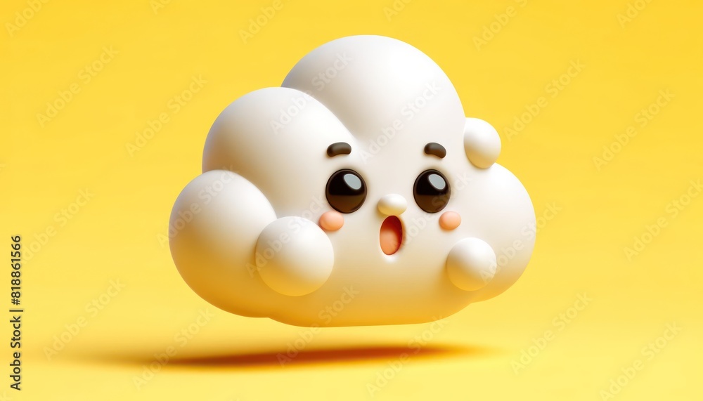 A 3D cute cloud with a surprised face, isolated on a yellow background. A 3D cute cloud with a surprised face, isolated on a yellow background.