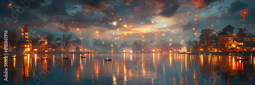Fireworks reflecting on a lake during Diwali, creating a stunning mirrored effect