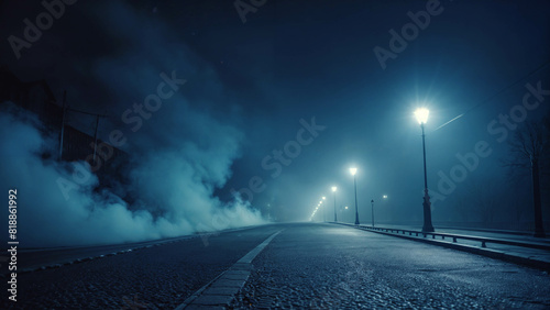 An eerie nighttime street scene, dramatically lit by a row of lampposts under a deep blue diffused light. Thick, billowing blue smoke photo