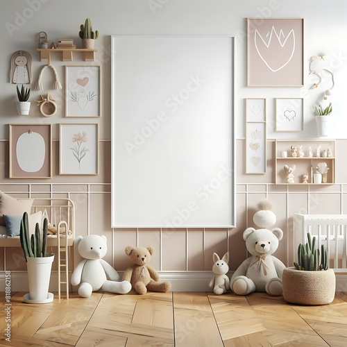 A Room with a mockup poster empty white and with stuffed animals and a poster realistic attractive harmony has illustrative used for printing.
