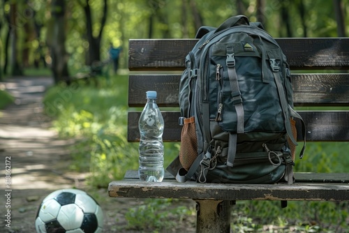 Backpack, soccer ball and bottle of water on bench, space for text