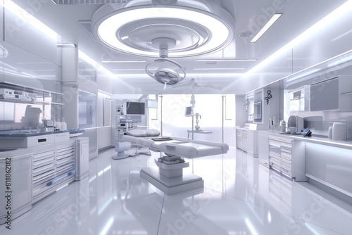 Modern operating room in daylight with advanced equipment on white background for medical procedures photo