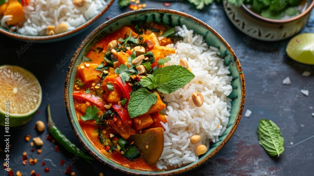 Fluffy coconut rice served with a side of spicy red curry and vegetables Fluffy coconut rice served with a side of spicy red curry and vegetables