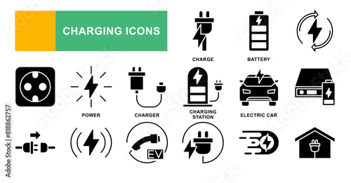 Charging icon set. Containing charge, battery, energy, electricity, charger, recharge, electric car and charging station icons. Solid icon collection. Vector illustration.