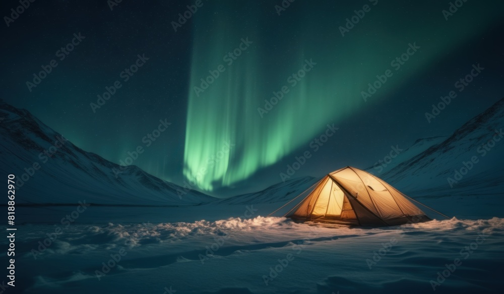 Northern Lights Retreat Yellow Tent Glows beneath Aurora Borealis
