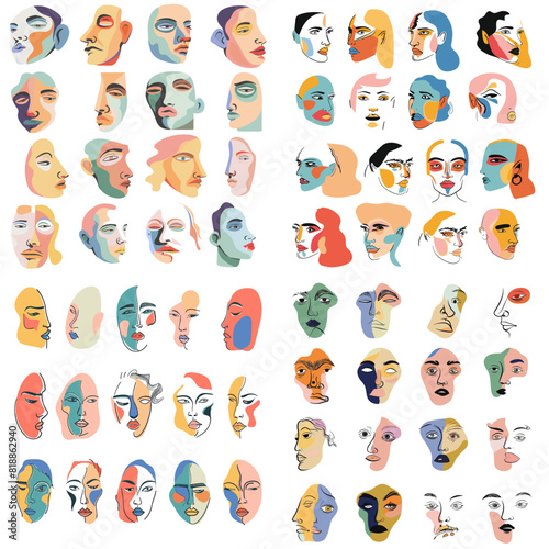 Abstract modern faces illustration with vibrant colors, cubist and minimalist style, artistic portraits, contemporary artwork, perfect for design, decor, and creative projects