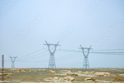 Jiuquan City, Gansu Province - Roads and power generation facilities in the Gobi Desert photo