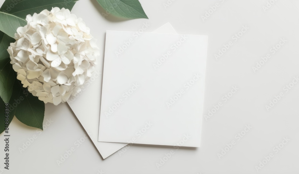 mockup of a white card beside white hydrangea bouquet, soft pastel tones mockup of a white card beside white hydrangea bouquet, soft pastel tones