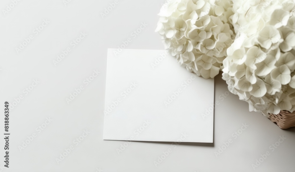 mockup of a white card beside white hydrangea bouquet, soft pastel tones mockup of a white card beside white hydrangea bouquet, soft pastel tones