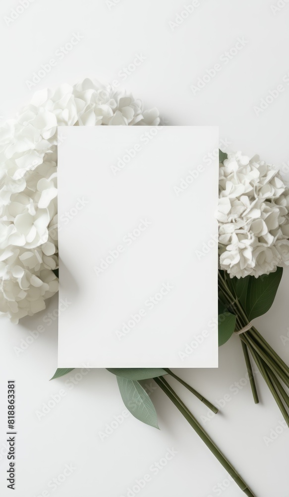 mockup of a white card beside white hydrangea bouquet, soft pastel tones mockup of a white card beside white hydrangea bouquet, soft pastel tones