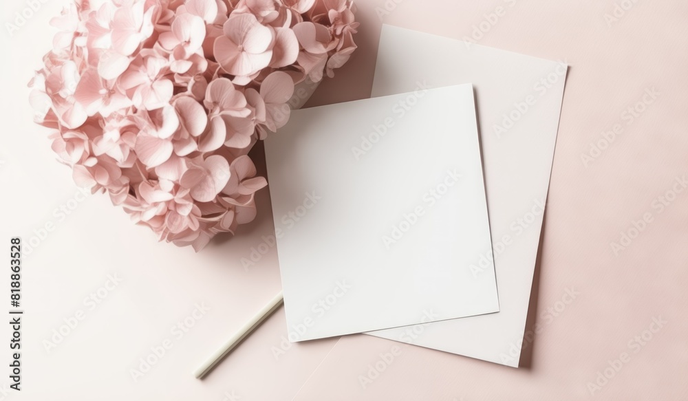 mockup of a white card beside pink hydrangea bouquet, soft pastel tones mockup of a white card beside pink hydrangea bouquet, soft pastel tones
