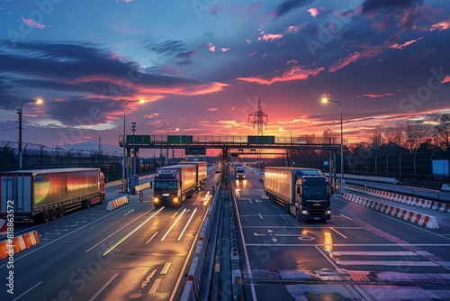 Dynamic Border Crossing Scene with Trucks Awaiting Evening Customs Clearance Under Vibrant Sky photo