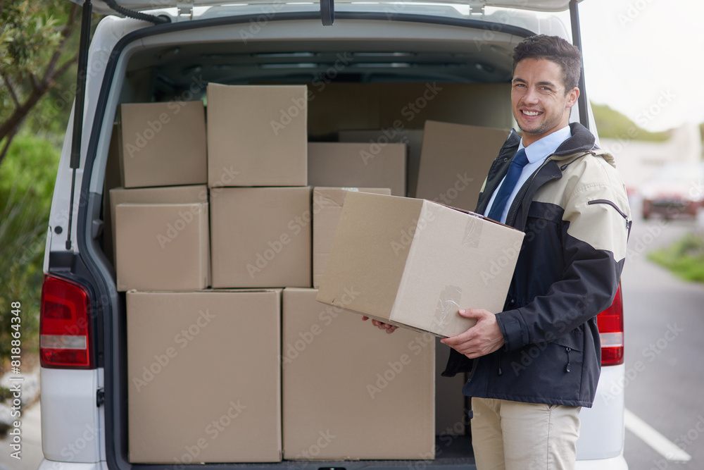 Portrait, delivery and loading of box by man, smile and truck for logistics in morning and outdoor. Happiness, employee and courier with cardboard, transportation and driver for warehouse and service Portrait, delivery and loading of box by man, smile and truck for logistics in morning and outdoor. Happiness, employee and courier with cardboard, transportation and driver for warehouse and service