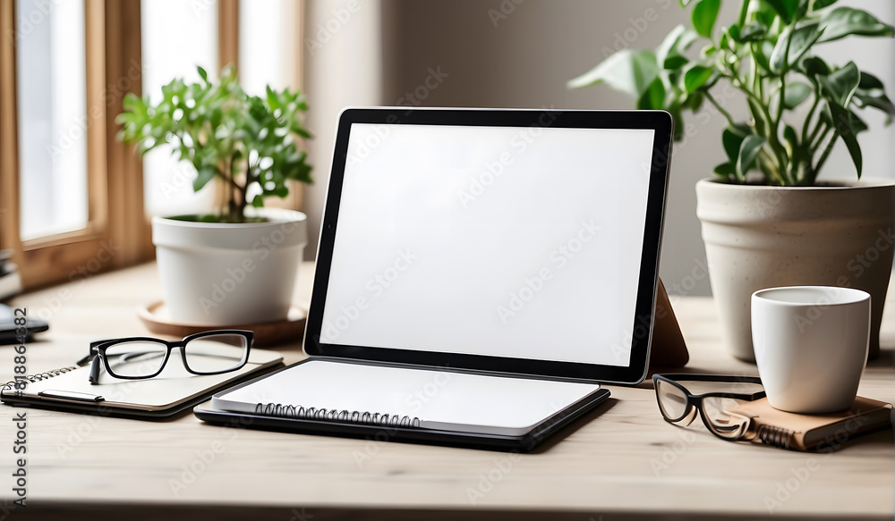 Fototapeta premium Tablet PC with white blank screen at a desk
