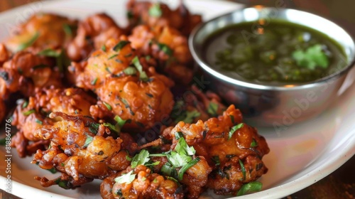 Golden, crispy pakoras served with a side of tangy tamarind chutney