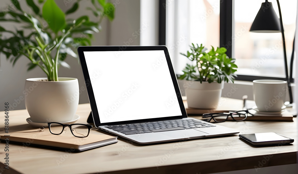 Laptop device mock-up template design on office workplace desk white mockup Laptop device mock-up template design on office workplace desk white mockup