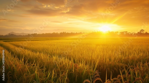 Golden sunlight illuminating a vast rice field at dawn  creating a serene atmosphere