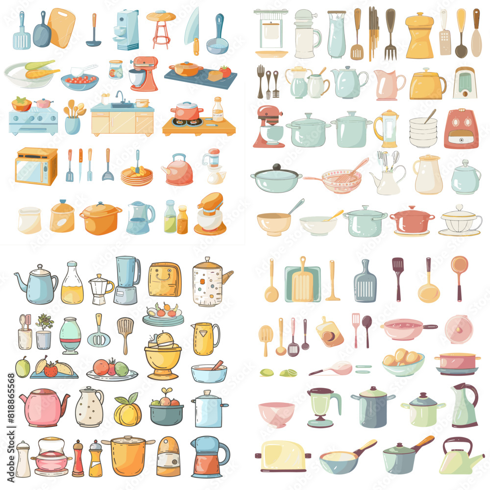 Hand-drawn kitchenware illustrations featuring cookware, utensils, teapots, jars, spoons, and appliances, perfect for home cooking, kitchen decor, and culinary inspiration. Hand-drawn kitchenware illustrations featuring cookware, utensils, teapots, jars, spoons, and appliances, perfect for home cooking, kitchen decor, and culinary inspiration.