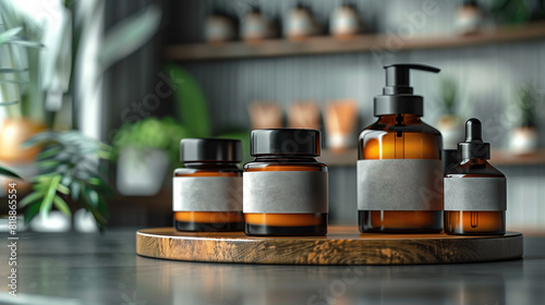 Elegant amber glass skincare containers in jars, pumps, and droppers. Sustainable packaging with blank-label eco-friendly spa products. © An