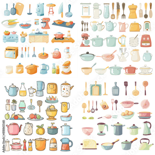 Hand-drawn kitchenware illustrations featuring cookware, utensils, teapots, jars, spoons, and appliances, perfect for home cooking, kitchen decor, and culinary inspiration.