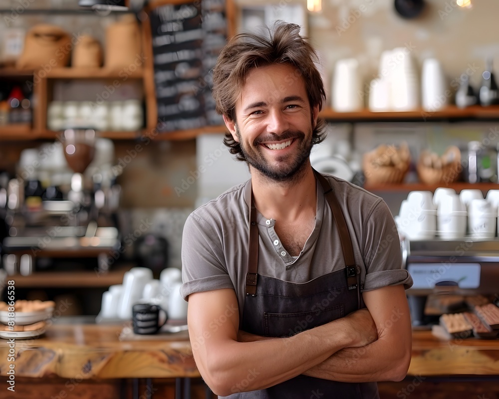 Obraz premium Proud Small Business Owner Celebrates Local Coffee Award in Cozy Cafe Interior