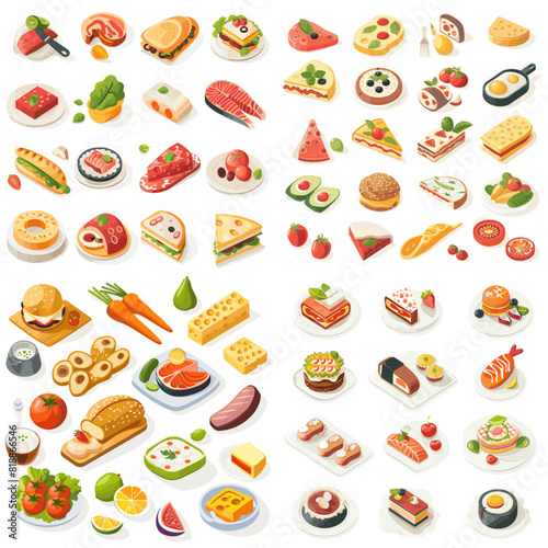 Hand-drawn gourmet food illustrations featuring sushi, sandwiches, burgers, fruits, pastries, cheese, and fresh ingredients, perfect for menus, food blogs, and culinary inspiration.