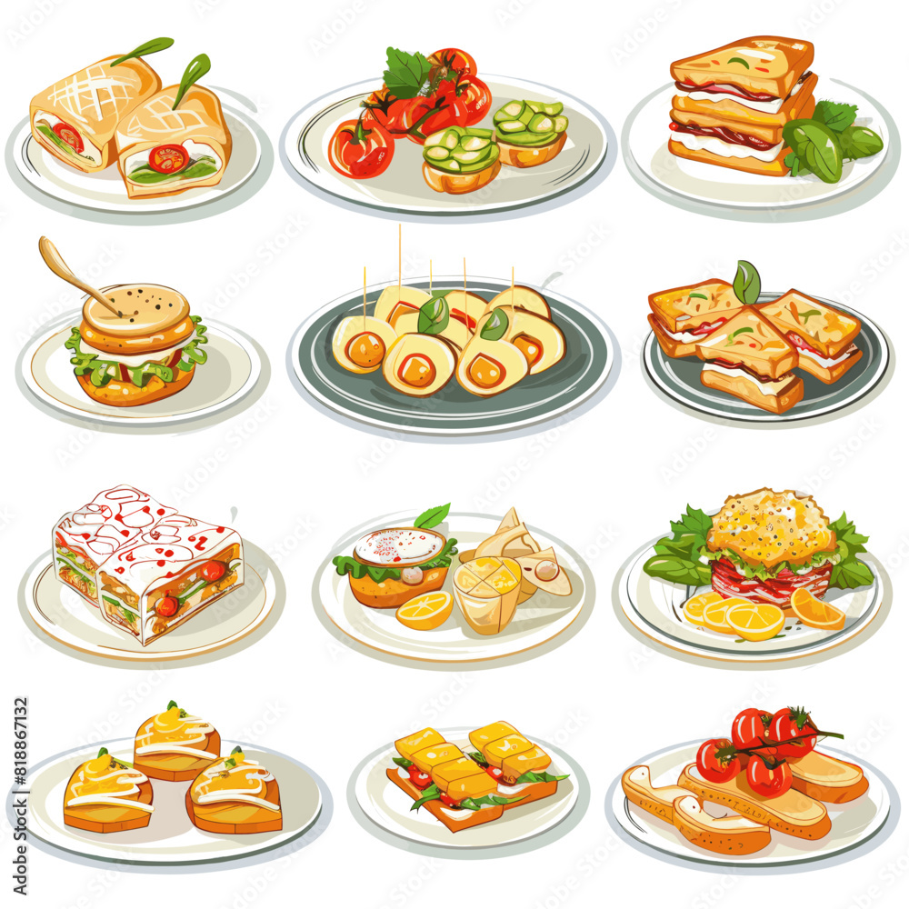 Hand-drawn vector illustrations of diverse international dishes, including sandwiches, appetizers, and baked goods. Ideal for menus, food blogs, and culinary-themed projects. Hand-drawn vector illustrations of diverse international dishes, including sandwiches, appetizers, and baked goods. Ideal for menus, food blogs, and culinary-themed projects.