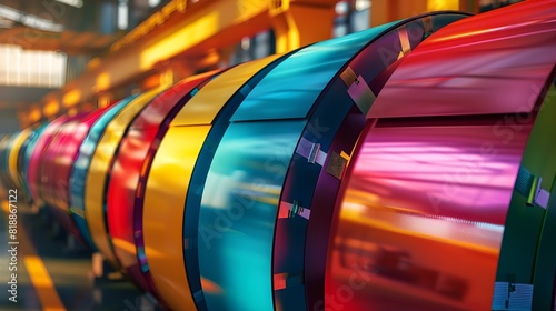 a row of brightly colored rolls of metal. color bond coil photo