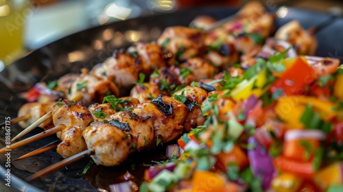 Grilled chicken skewers served with a colorful vegetable salad