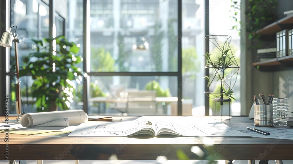 Fototapeta premium Peaceful and Productive Workstation with Natural Lighting and Greenery