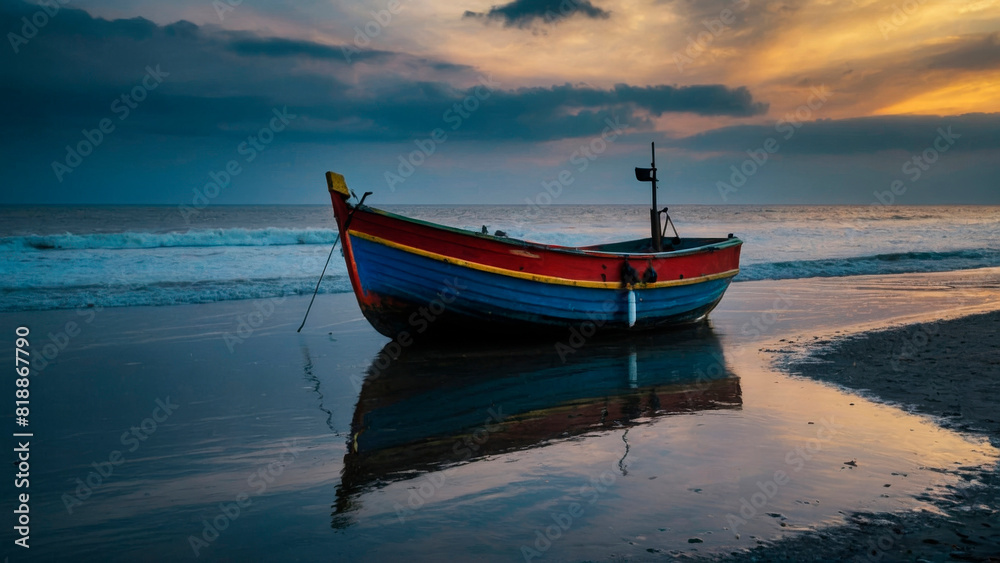 A fishing schooner on the shore of a picturesque bay.