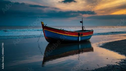 A fishing schooner on the shore of a picturesque bay.