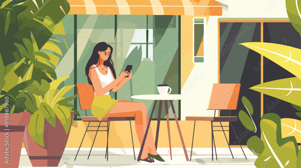 Woman sitting at cafe table with phone outdoors. Happ