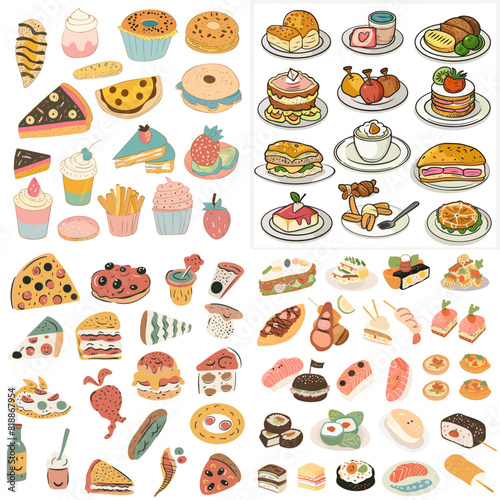 Hand-drawn food illustrations featuring sushi, burgers, pizza, desserts, pastries, and gourmet dishes, perfect for menus, food blogs, restaurants, and culinary inspiration.
