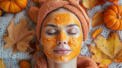 Fototapeta Naklejka Na Ścianę i Meble -  Autumn Skincare Routine with Pumpkin Enzyme Mask - Perfect for Seasonal Marketing and Promotions