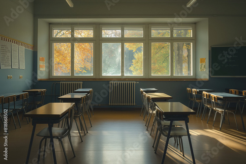 modern school room without people ultra realistic