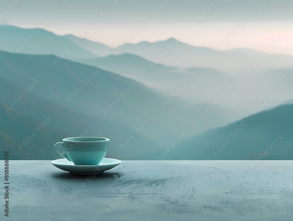 Tranquil Solitary Moment with Mountain Misty Morning Coffee on Balcony Tranquil Solitary Moment with Mountain Misty Morning Coffee on Balcony