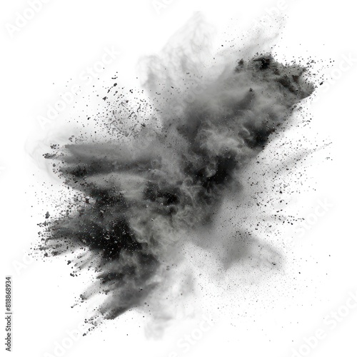 Explosion of black colored powder. Close up dust isolated on white background, with full depth of field and deep focus fusion photo