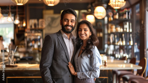 young indian couple standing in luxurious restourant kitchen