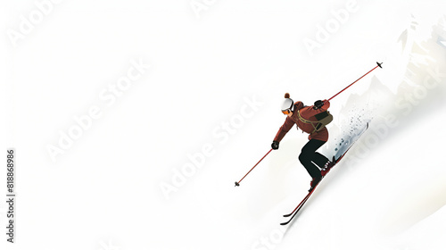Adventurous Skier Skillfully Descending a Snowy Mountain on Clean White Background, Evoking Thrill, Adventure, and Expertise in Winter Sports