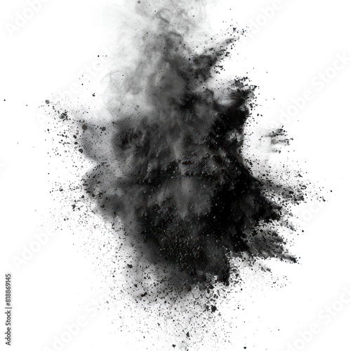 Explosion of black colored powder. Close up dust isolated on white background, with full depth of field and deep focus fusion photo