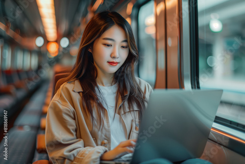 Woman working on laptop computer on train
