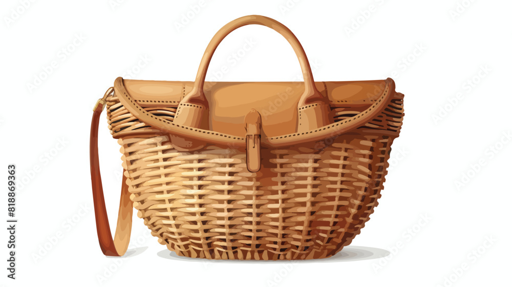 Women summer basket bag with leather flap handle and