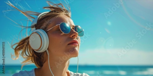 Cute girl with headphones and sunglasses relaxing on the beach. Girl enjoying a sunny day at sea. Creative travel poster.  photo