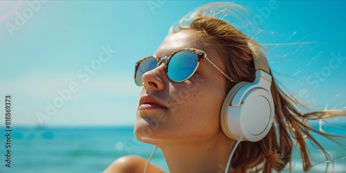Cute girl with headphones and sunglasses relaxing on the beach. Girl enjoying a sunny day at sea. Creative summer poster.  photo